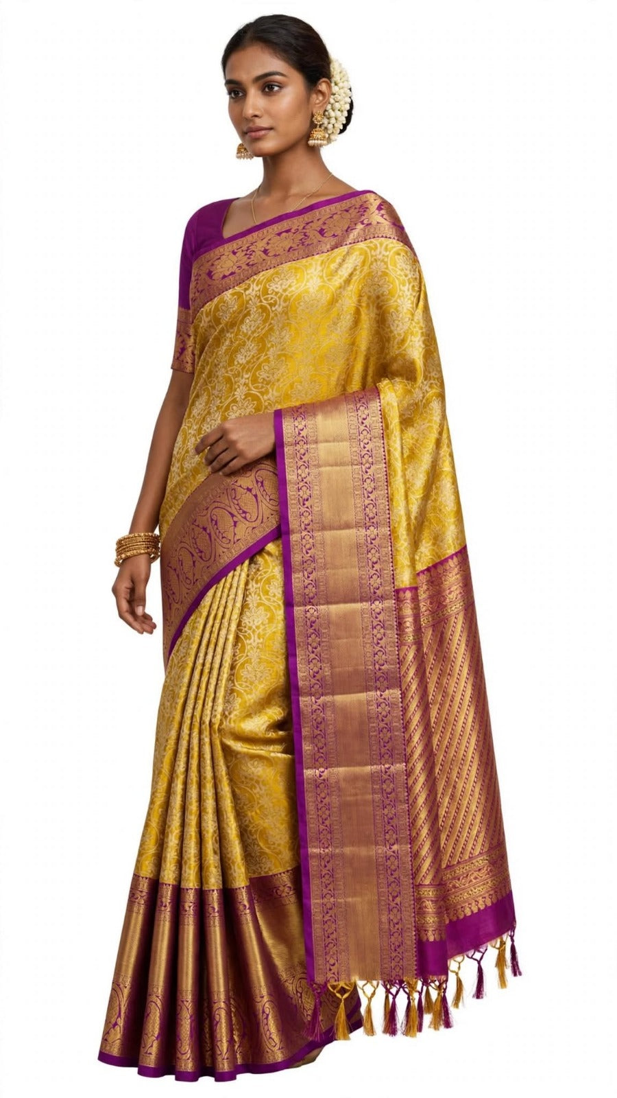 Golden Yellow &amp; Purple Banarasi Silk Saree