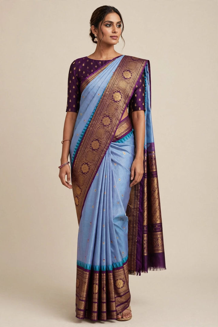 Powder Blue &amp; Purple Zari Saree
