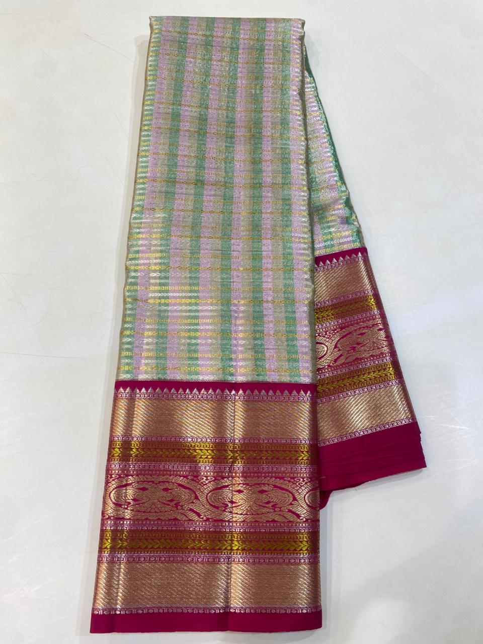 Pastel Green &amp; Pink Silk Saree
