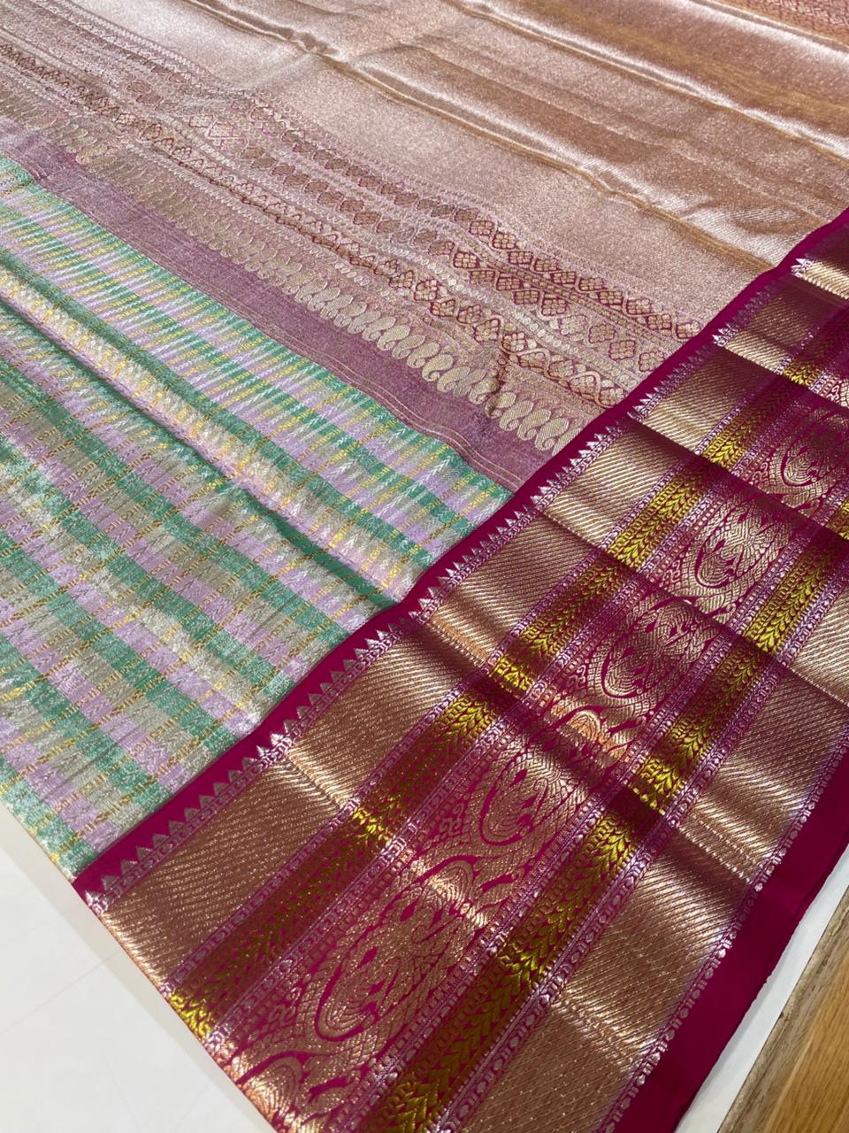 Pastel Green &amp; Pink Silk Saree