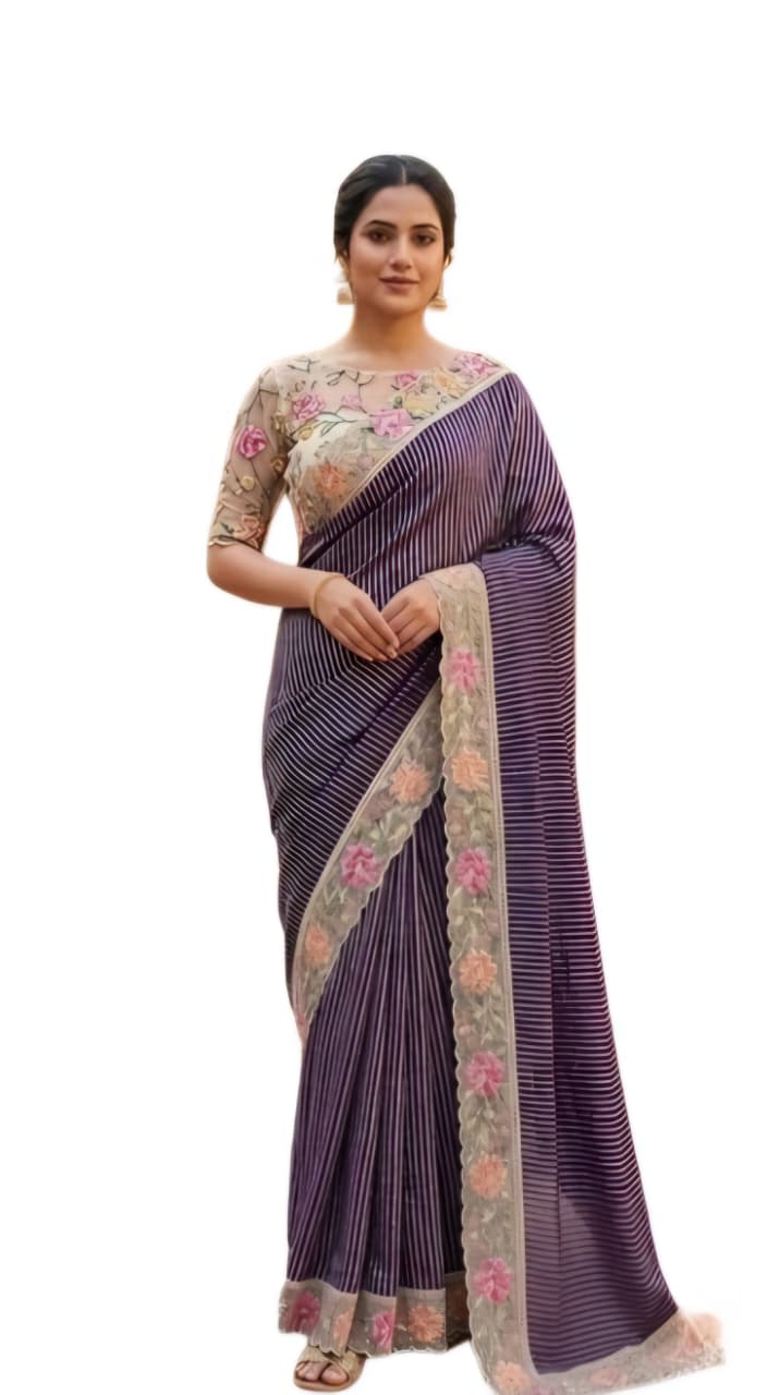 Purple Striped Floral Border Saree