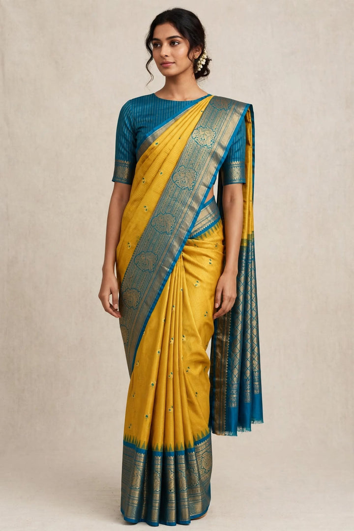 Mustard Yellow &amp; Teal Blue Zari Saree