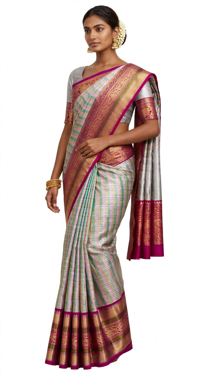 Pastel Green &amp; Pink Silk Saree