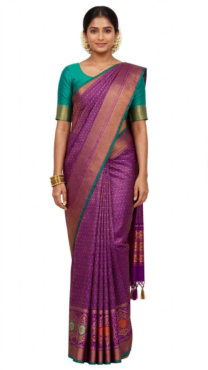 Royal Purple &amp; Teal Green Silk Saree