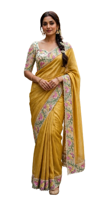 Mustard Yellow Floral Stripe Saree