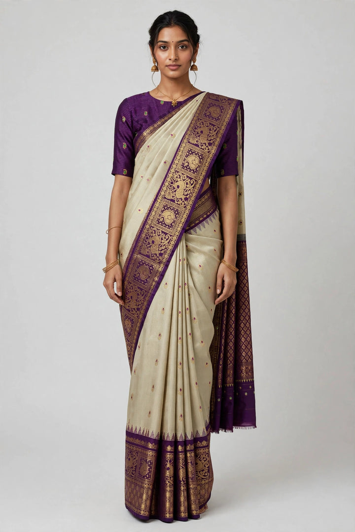 Ivory &amp; Purple Zari Saree